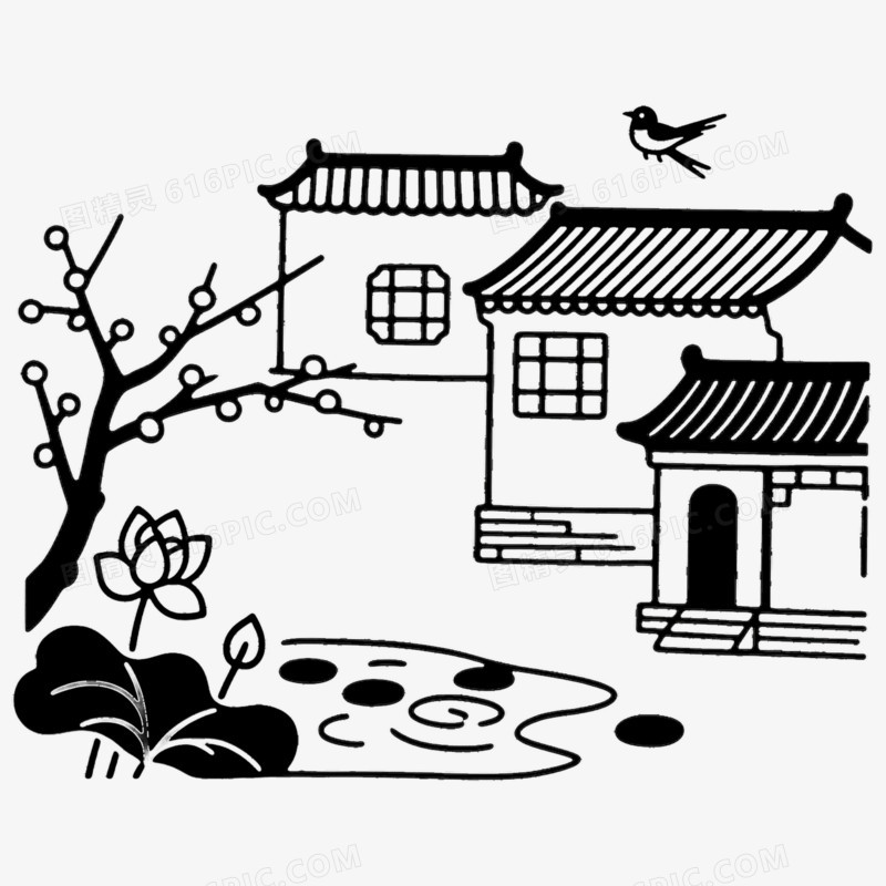 古镇古风古建筑简笔画免抠元素
