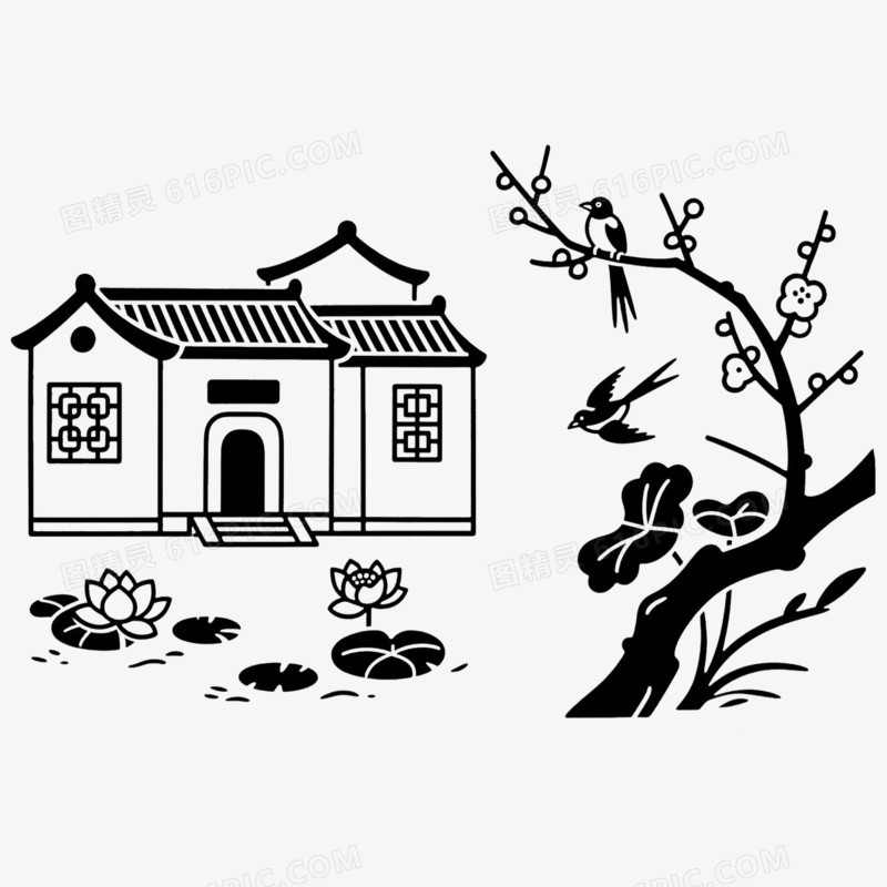 梅花树下古风古建筑简笔画免抠元素