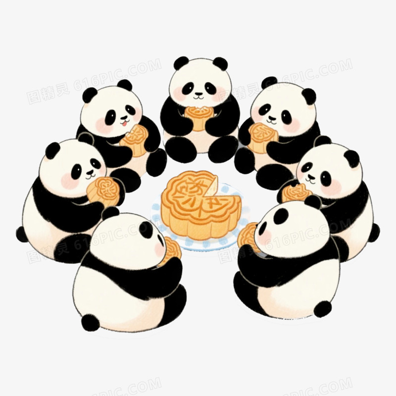 panda拟人动物围坐在一起吃月饼免抠元素