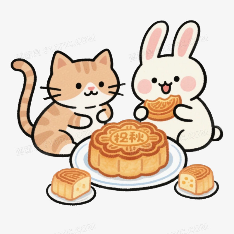 兔兔和猫猫拟人动物围坐在一起吃月饼免抠元素