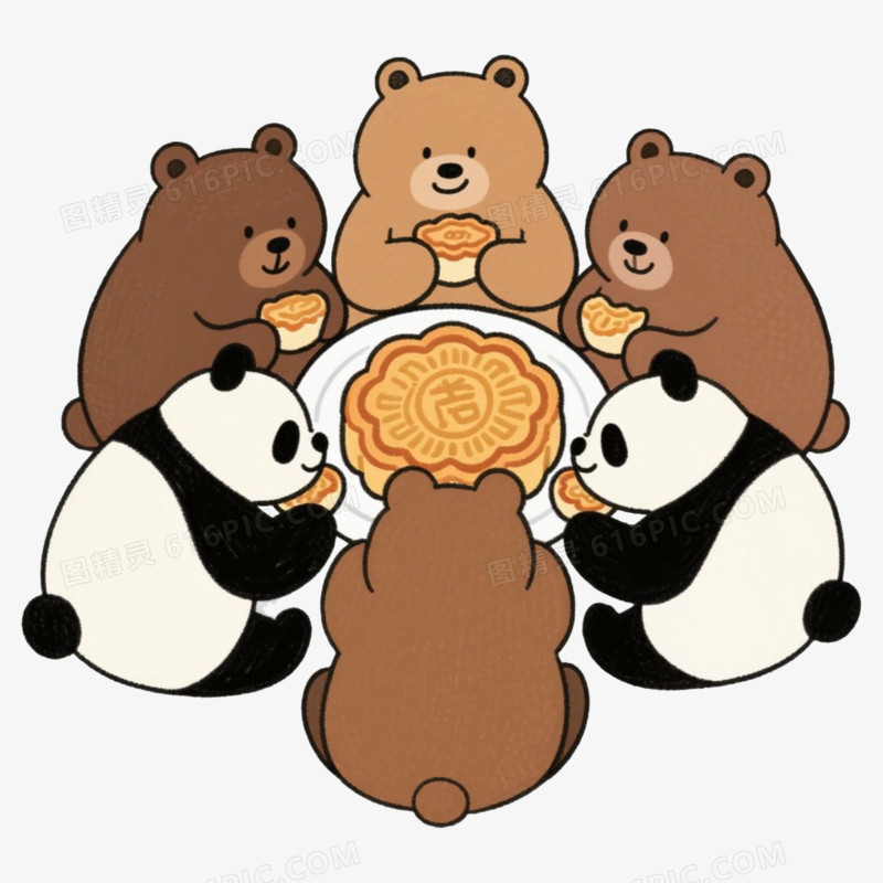 熊熊们拟人动物围坐在一起吃月饼免抠元素
