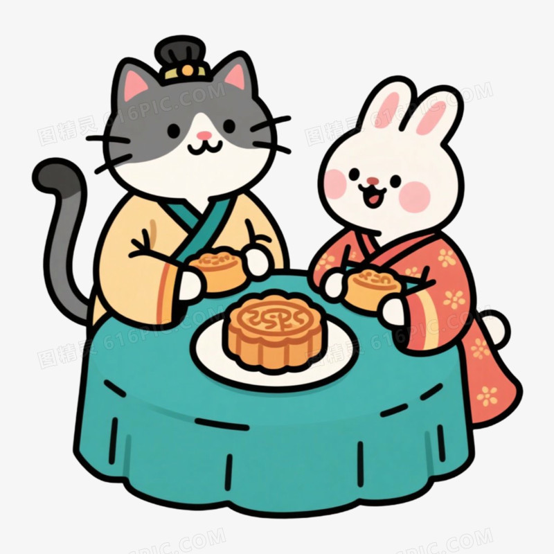 猫兔男女拟人动物围坐在一起吃月饼免抠元素