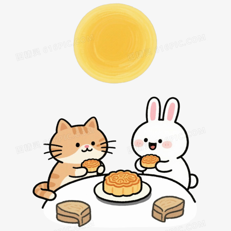 月亮下吃月饼拟人动物围坐在一起吃月饼免抠元素
