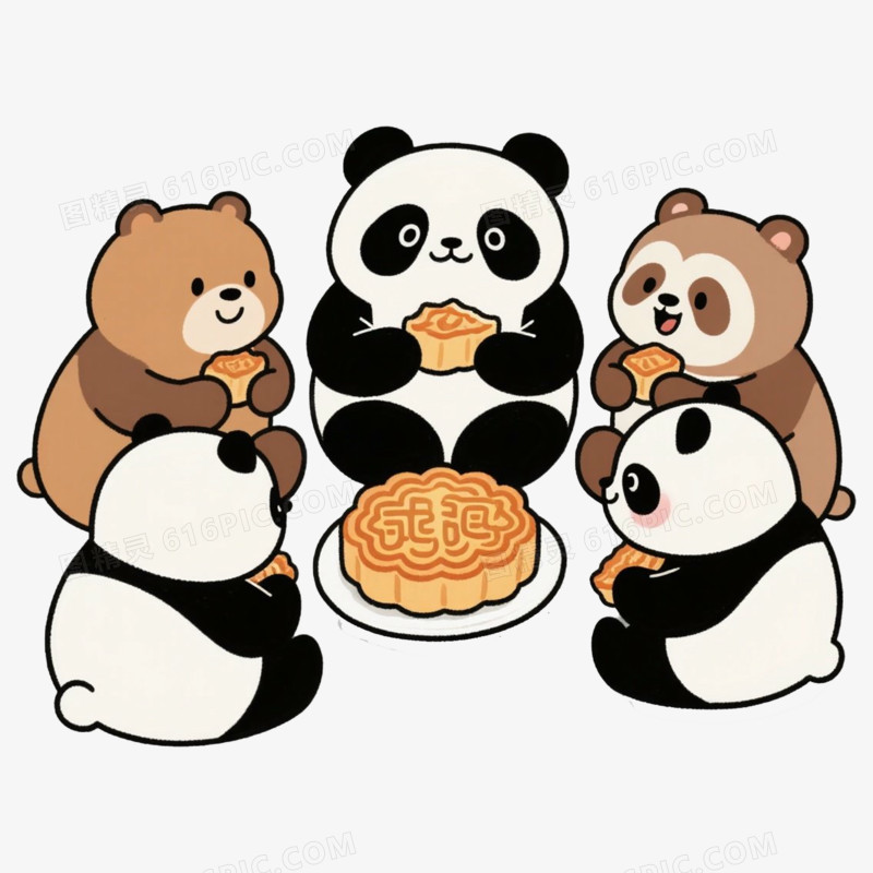 熊族拟人动物围坐在一起吃月饼免抠元素
