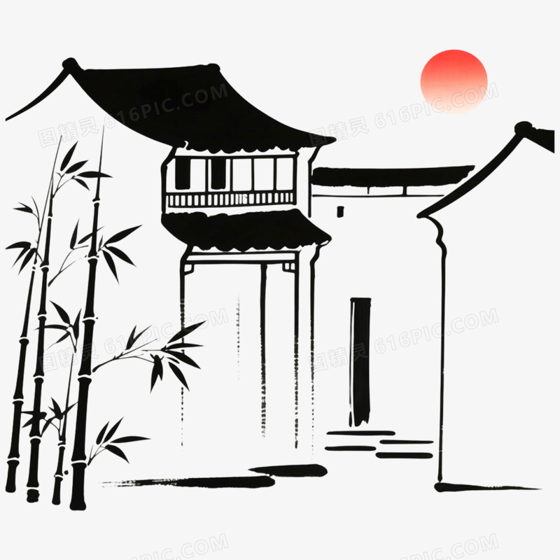 手绘古风简笔画风景免抠元素