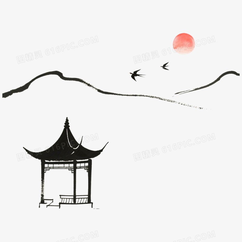 手绘古风简笔画风景免抠元素