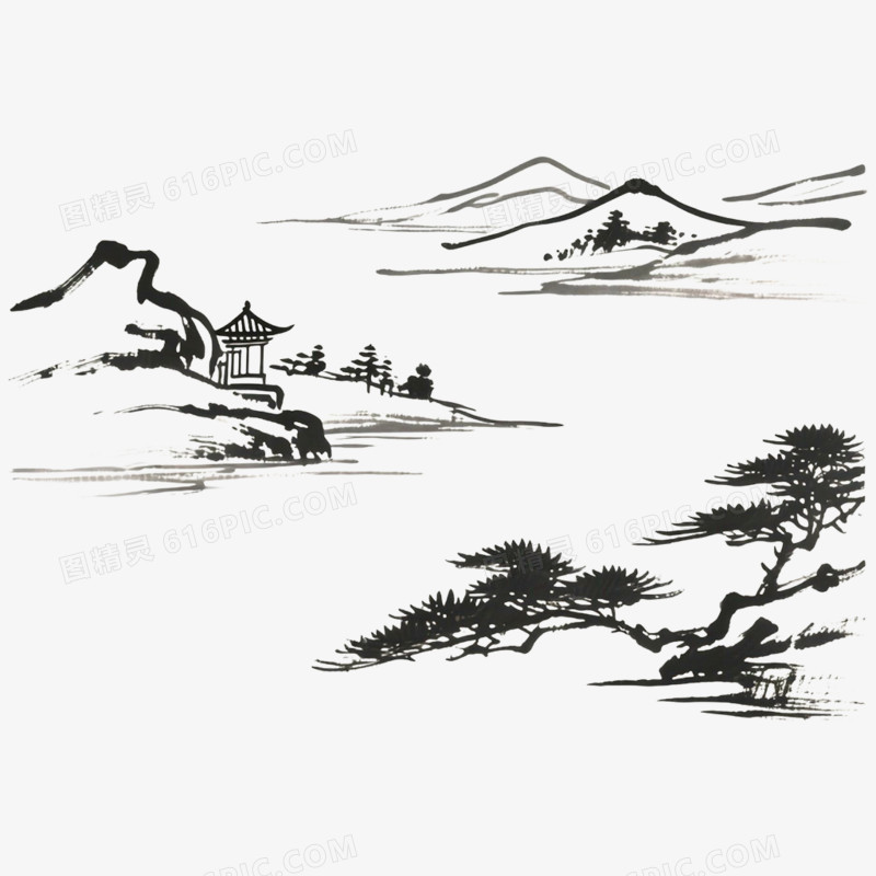 古风简笔画写意风景免抠元素