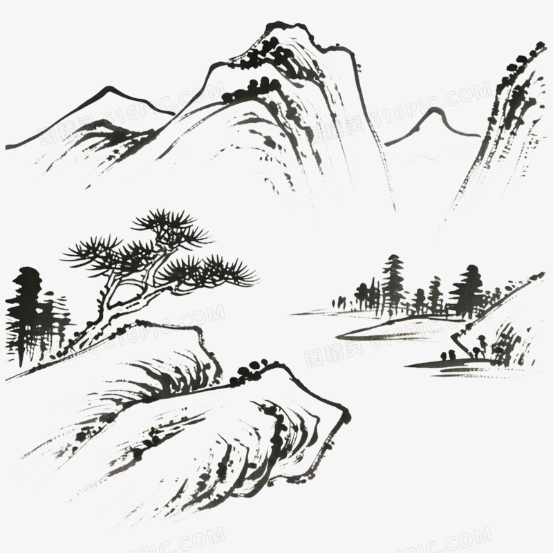 手绘古风简笔画风景免抠元素