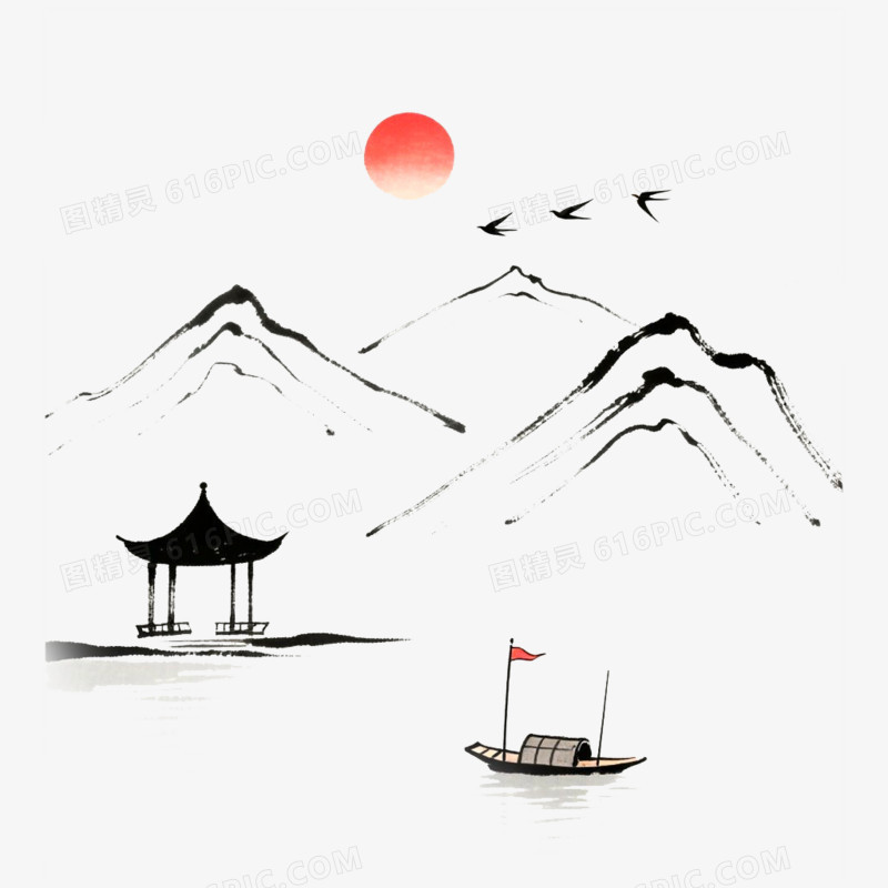 手绘古风简笔画风景免抠元素