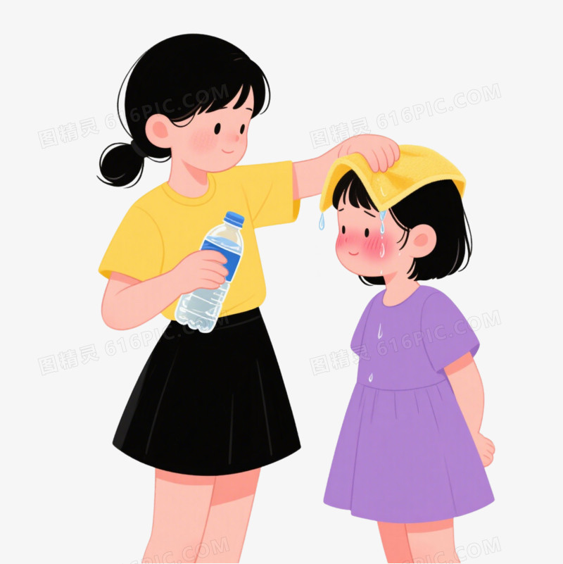 卡通一个小女孩给另一个中暑的小女孩盖湿毛巾免抠元素