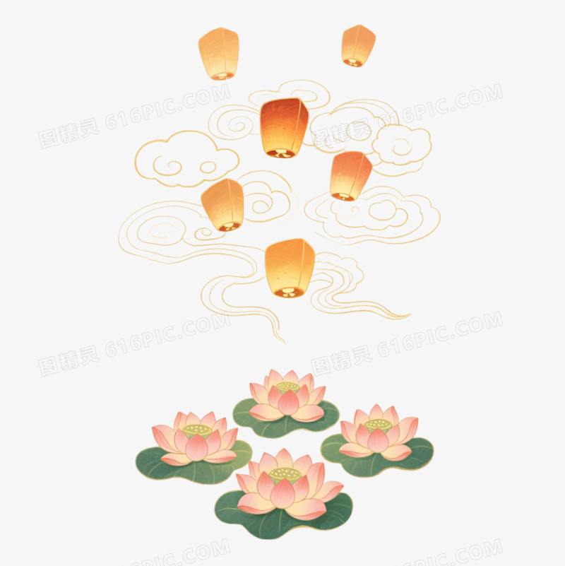 插画中秋节孔明灯荷花灯底纹免抠元素