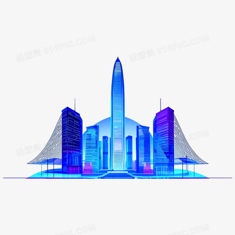 蓝色科技城市天际线免抠元素