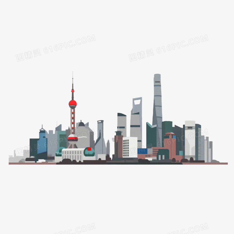 插画风格城上海市天际线免抠元素