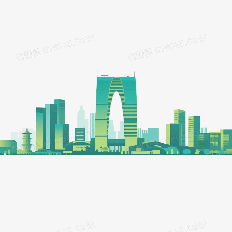 插画风格苏州城市天际线免抠元素