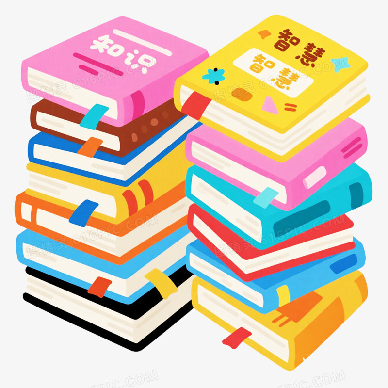 手绘卡通一堆书免抠元素