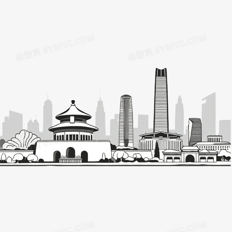 插画风格北京城市天际线免抠元素