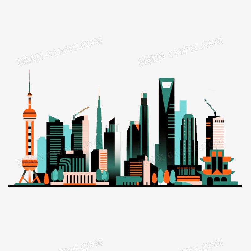 插画风格上海城市天际线免抠元素