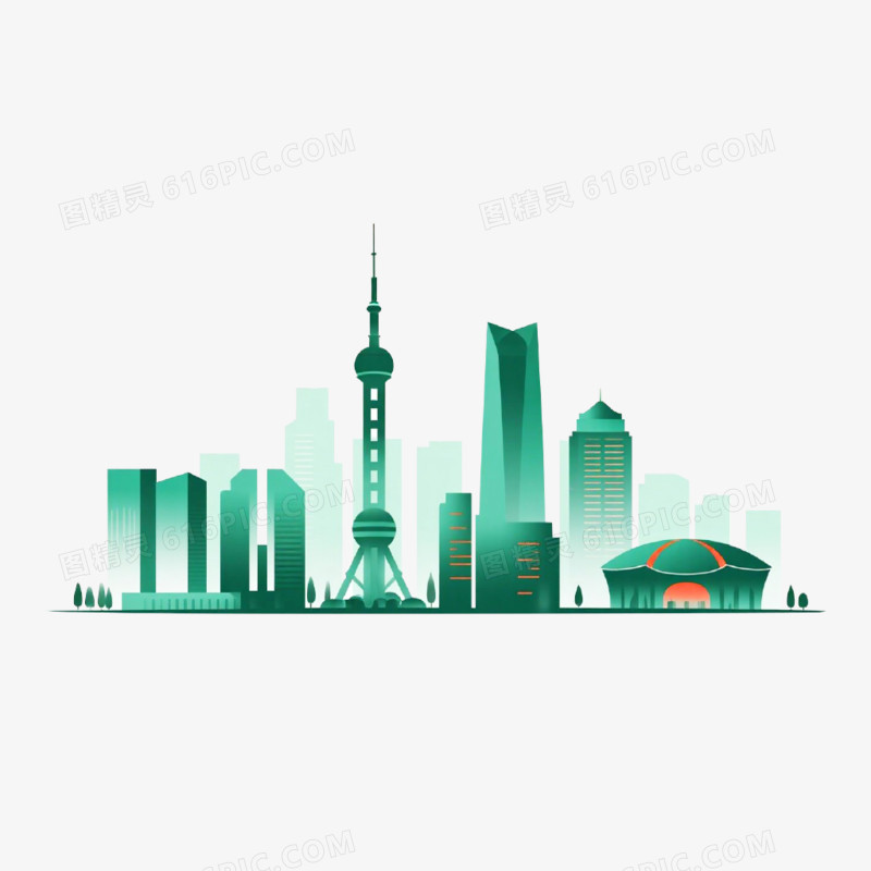 插画风格上海城市天际线免抠元素