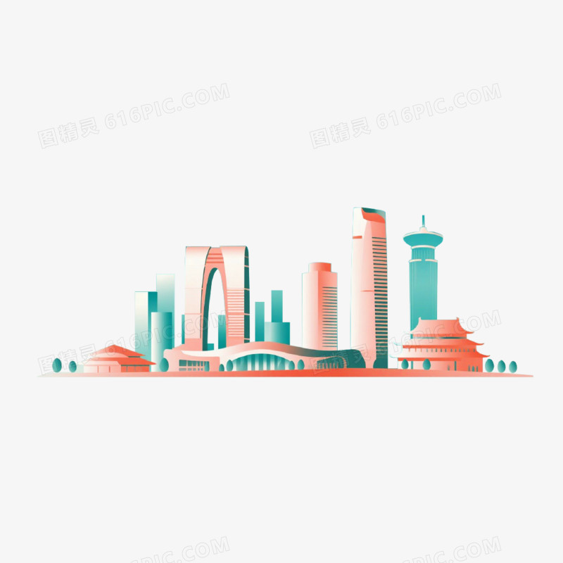 插画风格苏州城市天际线免抠元素