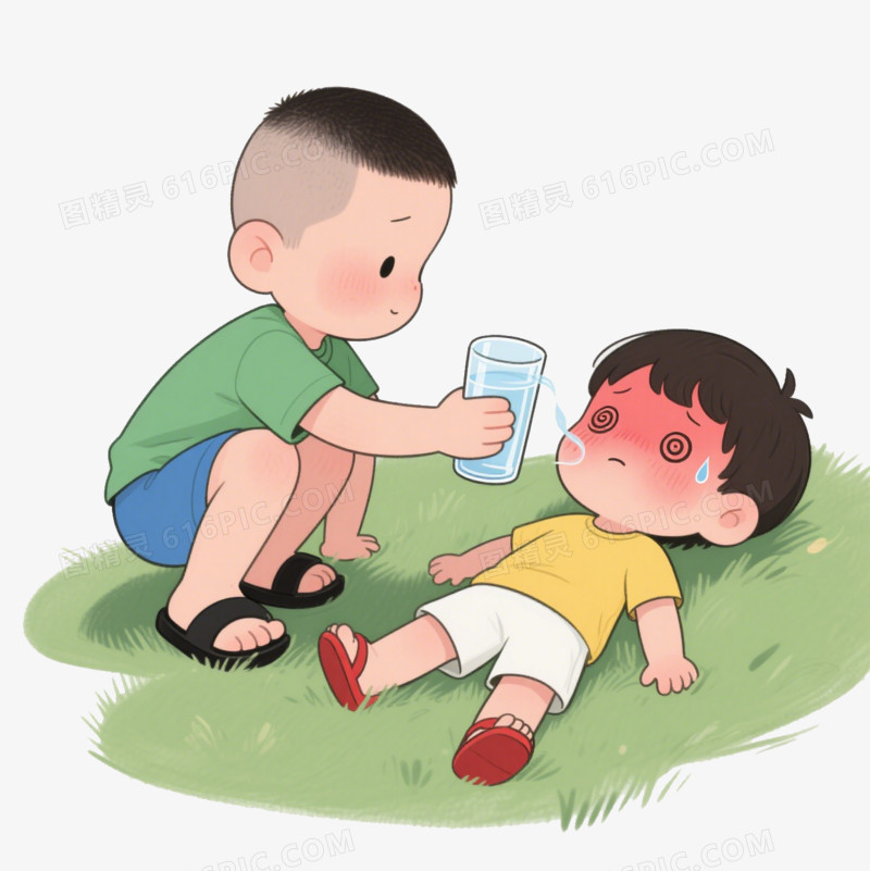 卡通小男孩给中暑晕倒的另一个小男孩喂水免抠元素