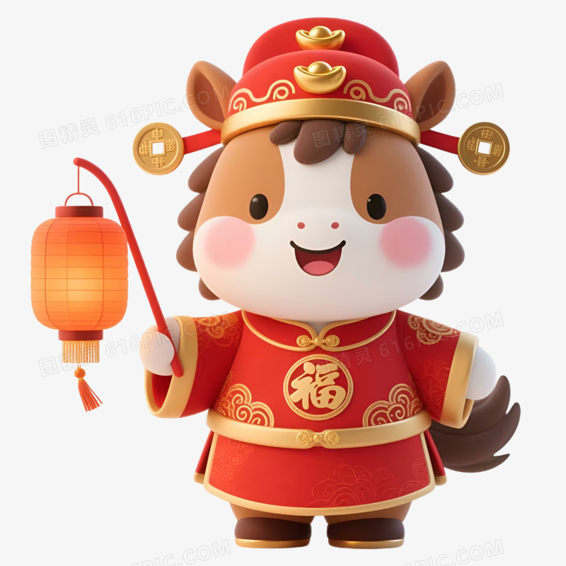 3D风格拿着金灯笼的马年生肖免抠元素