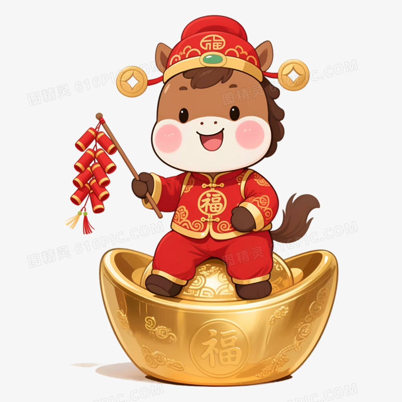 卡通手绘金元宝和马年可爱小马免抠元素
