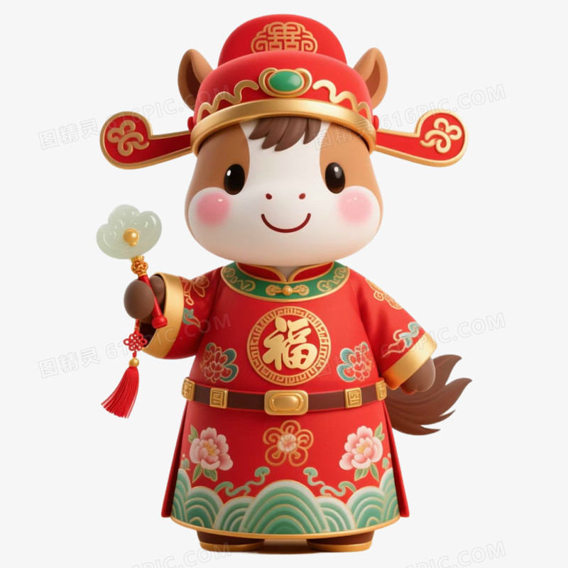 3D风格拿着玉器的马年生肖免抠元素