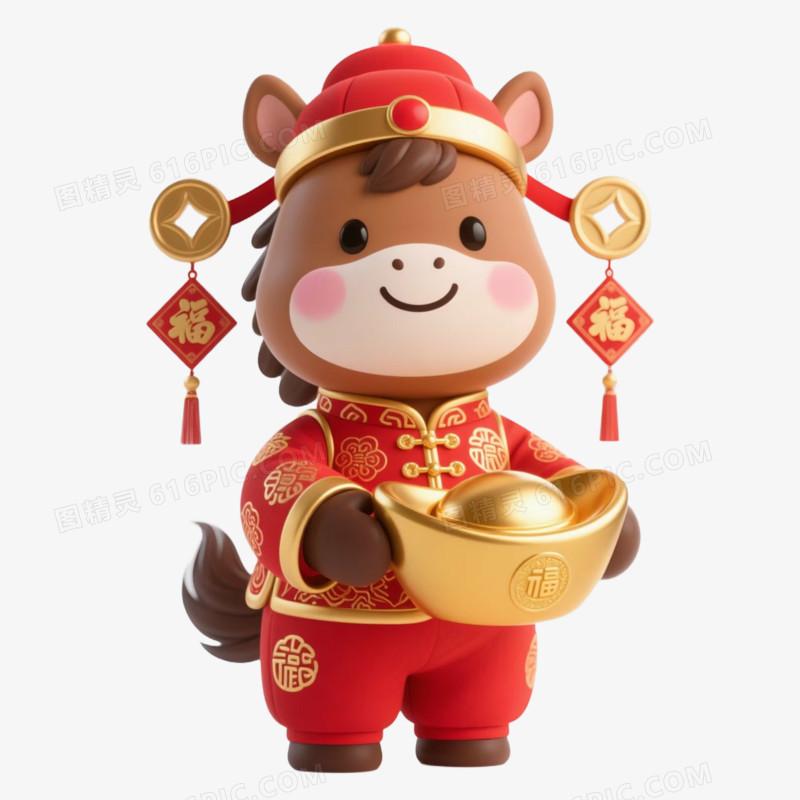 3D风格拿着金元宝的马年生肖免抠元素