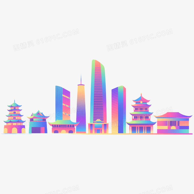 手绘插画炫彩城市天际线免抠元素