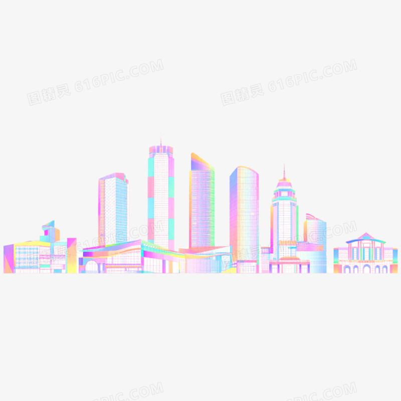 手绘插画炫彩城市天际线免抠元素