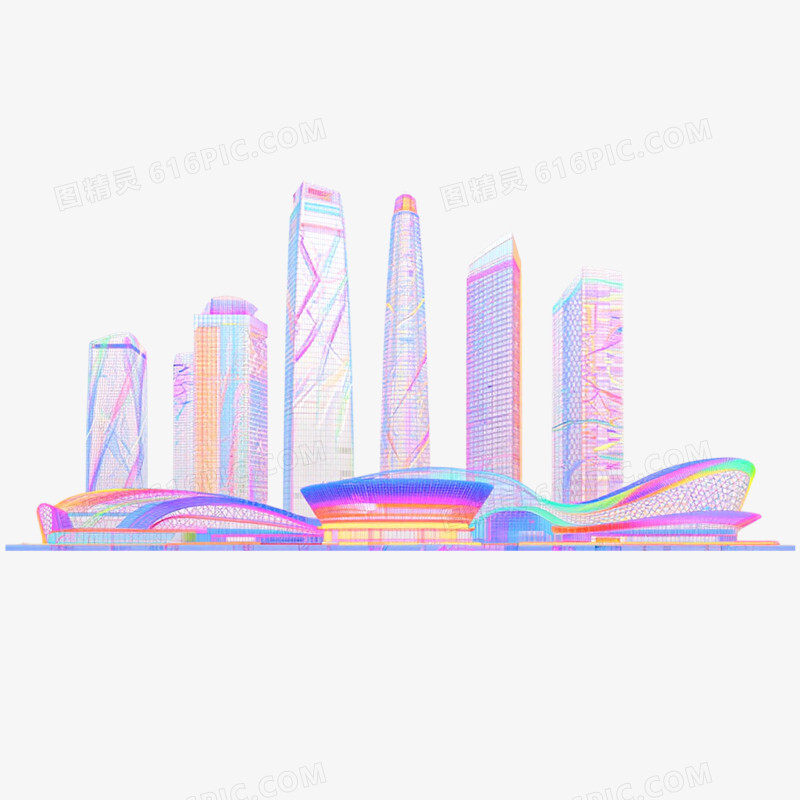 手绘插画炫彩城市天际线免抠元素