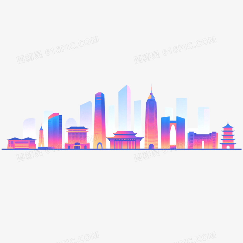 手绘插画炫彩城市天际线免抠元素