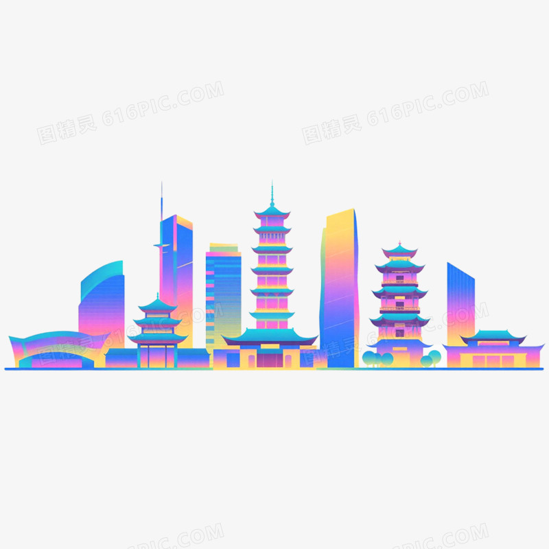 手绘插画炫彩城市天际线免抠元素