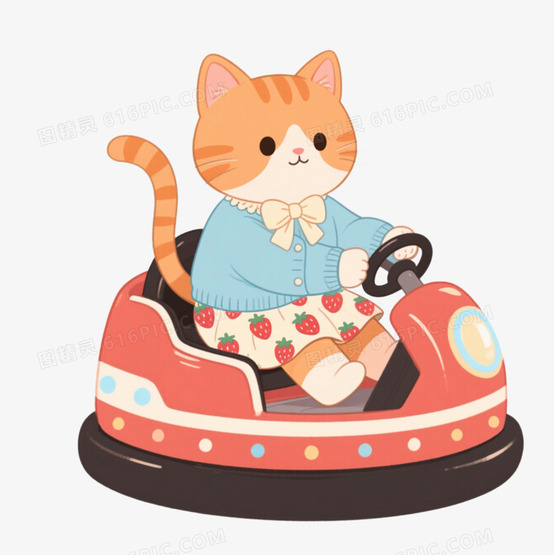 手绘卡通穿蓝色衬衫的小猫开碰碰车免抠元素