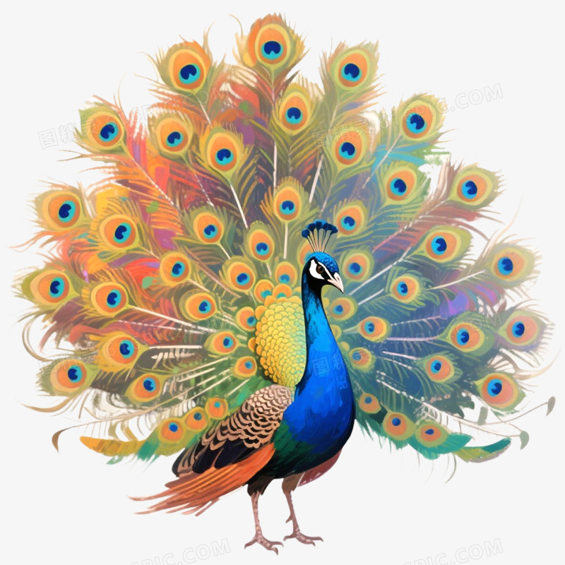 手绘精美插画动物孔雀免抠元素