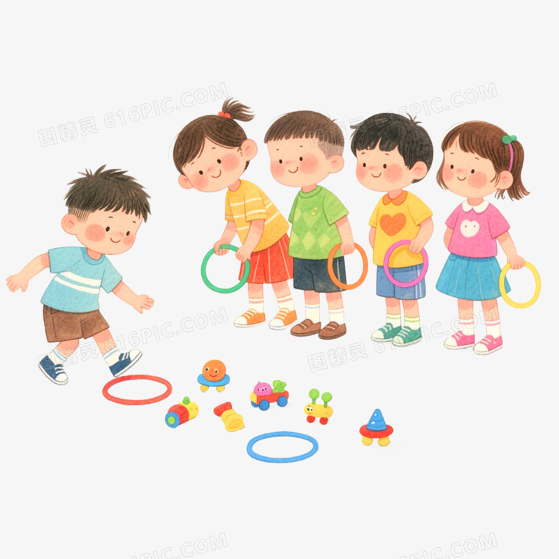 卡通手绘插画小朋友套圈游戏免抠元素