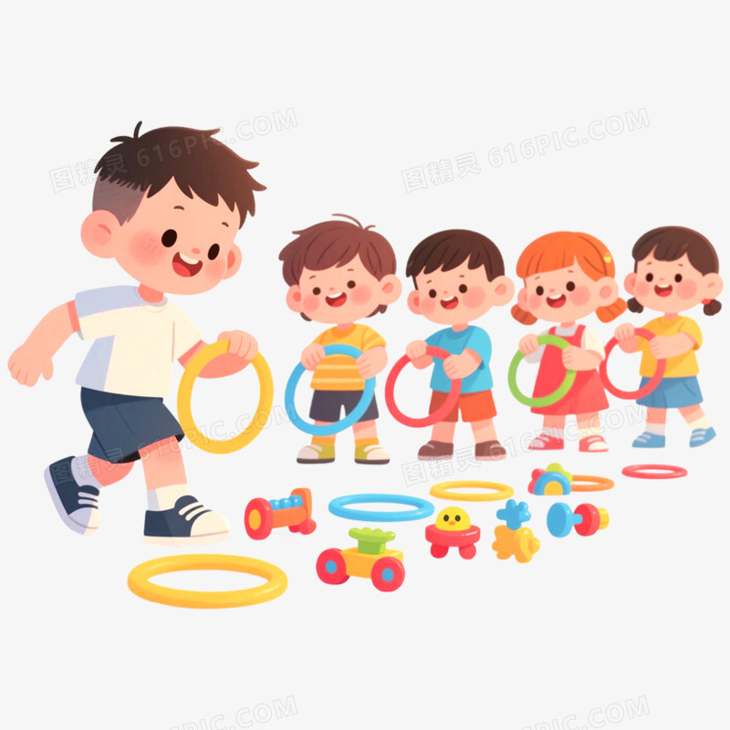 卡通手绘插画小朋友套圈游戏免抠元素