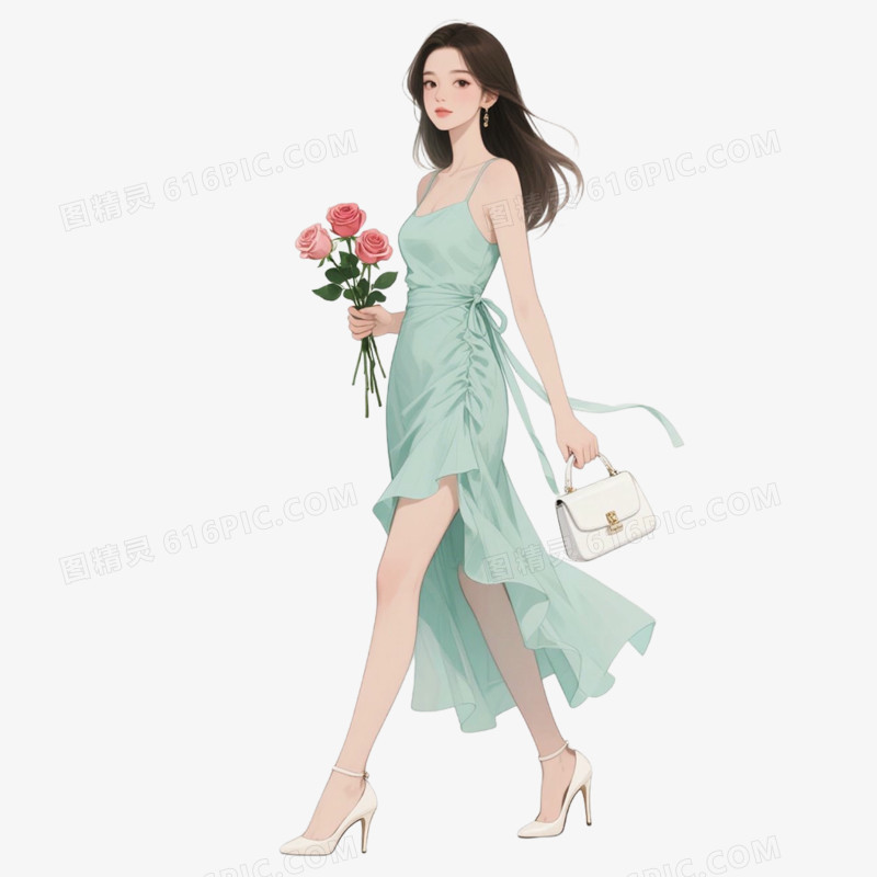 卡通手绘女孩与花免抠元素