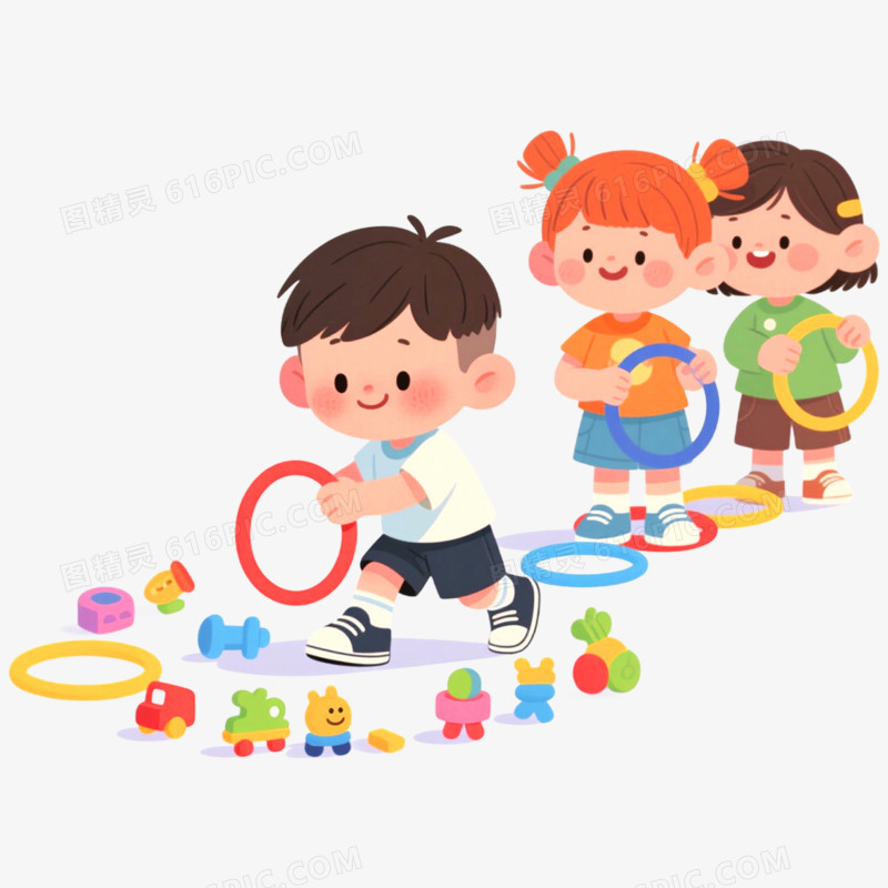 卡通手绘插画小朋友套圈游戏免抠元素