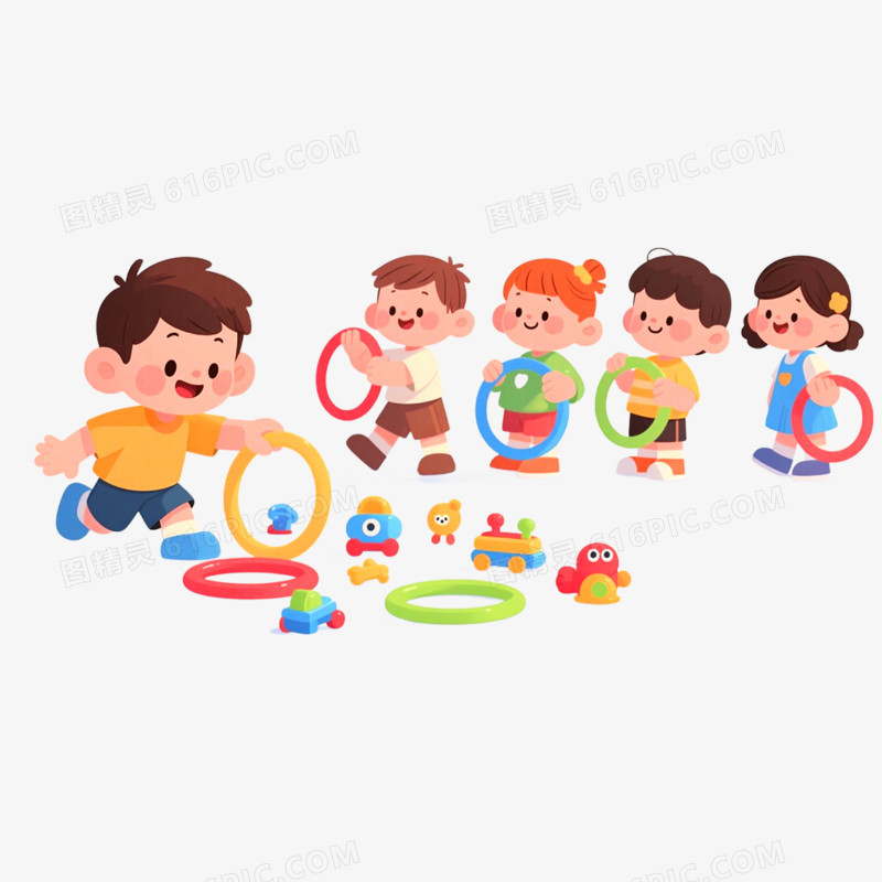 卡通手绘插画小朋友套圈游戏免抠元素