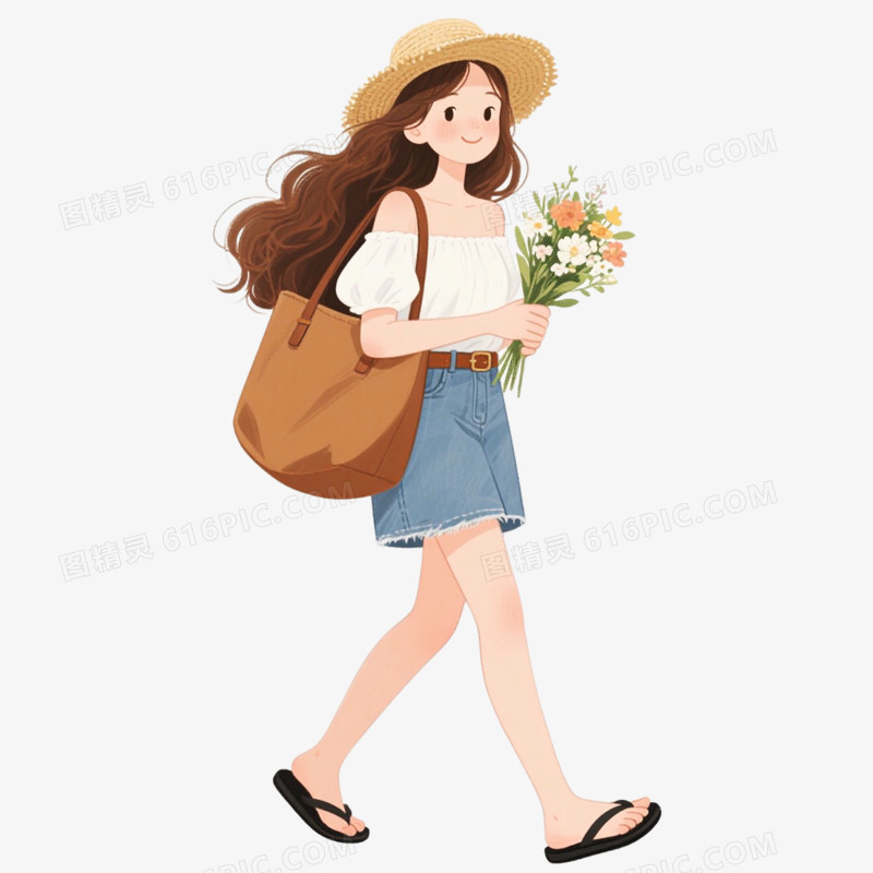卡通手绘女孩与花免抠元素