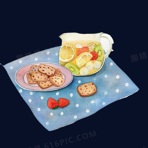水果罐头和小饼干手绘画素材图片