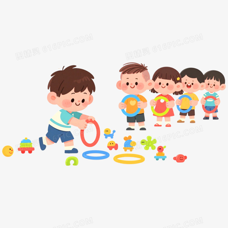卡通手绘插画小朋友套圈游戏免抠元素
