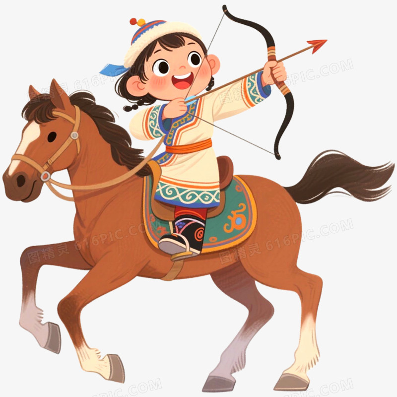 手绘插画穿蒙古服饰蒙古小孩免抠元素