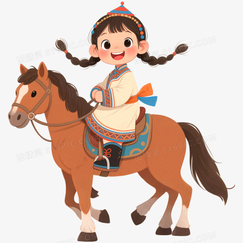 手绘插画穿蒙古服饰蒙古小孩免抠元素