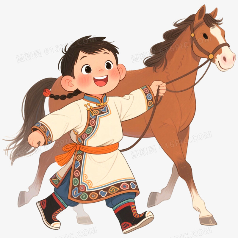 手绘插画穿蒙古服饰蒙古小孩免抠元素