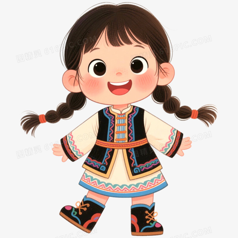 手绘插画穿蒙古服饰蒙古小孩免抠元素