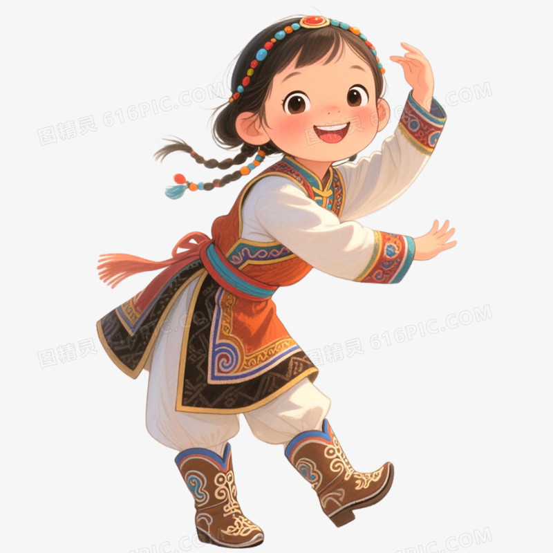 手绘插画穿蒙古服饰蒙古小孩免抠元素