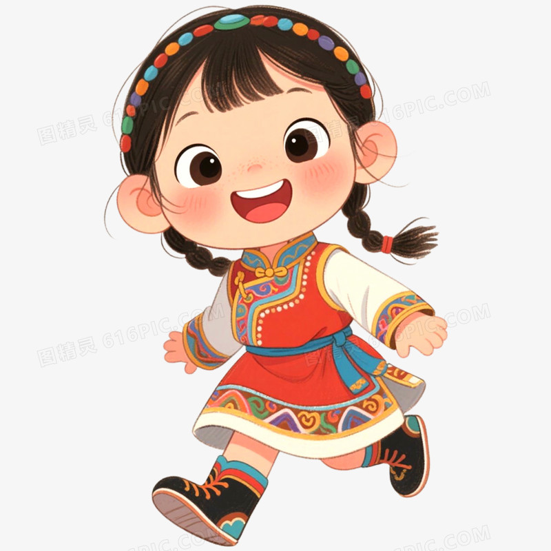 手绘插画穿蒙古服饰蒙古小孩免抠元素