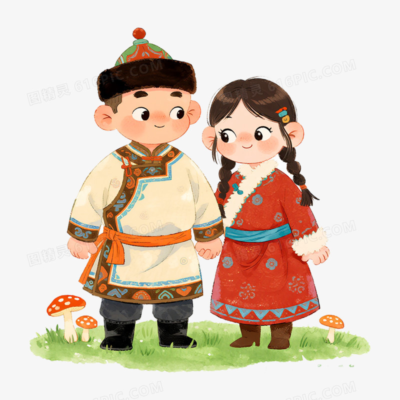 卡通手绘穿着蒙古服饰的小朋友免抠元素